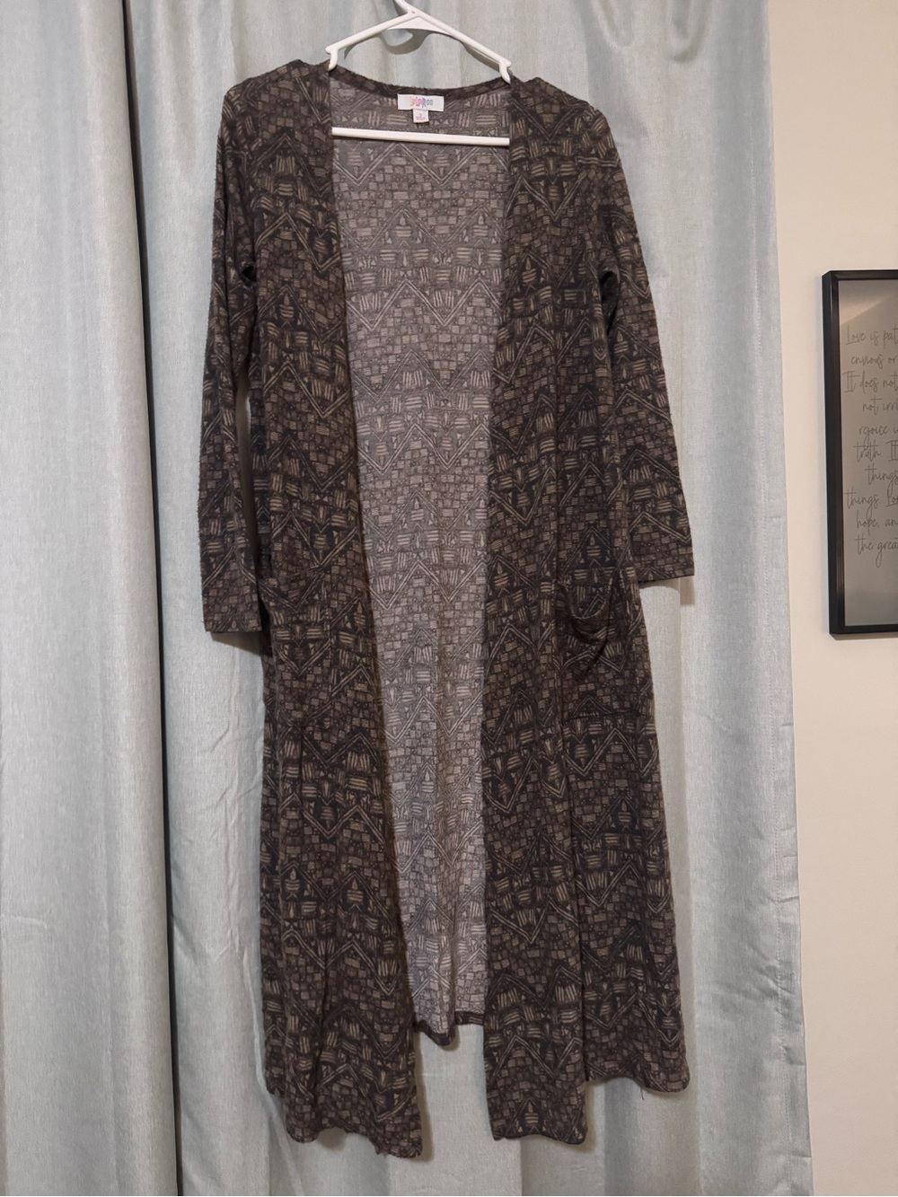 LuLaRoe Brown Geometric Long Open Cardigan